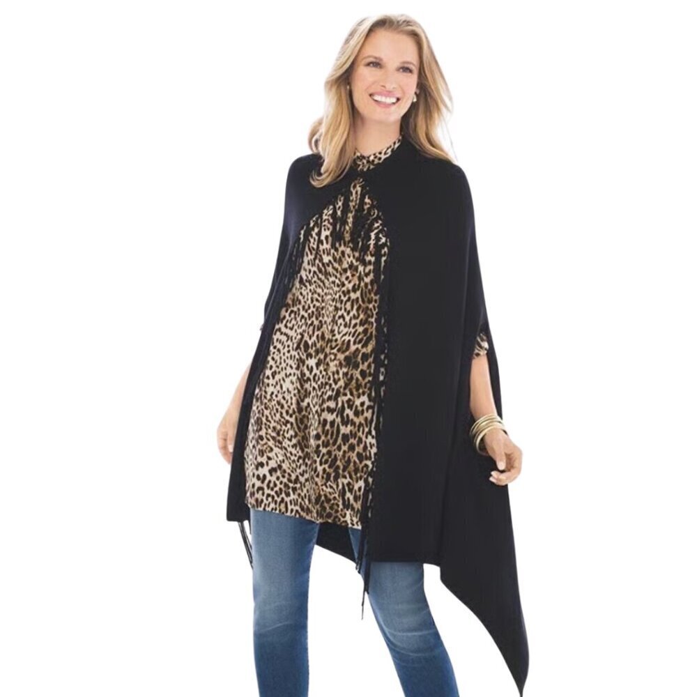 NWT Chico's Black Mimi Fringe Cape One Size Boho Chic Layering Wrap Poncho